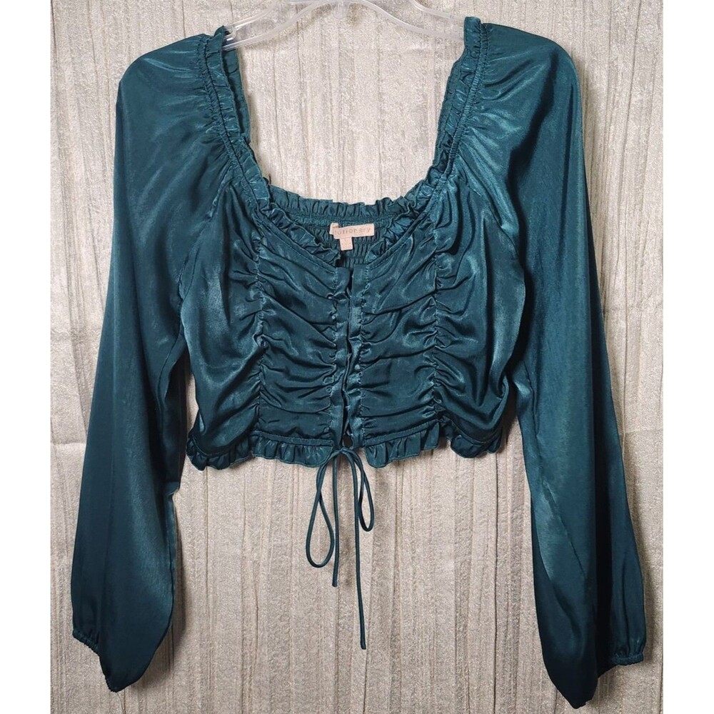 Womens Satin Emerald Green Lace Up Ruffle Crop Top Corset Blouse Romantic Goth L